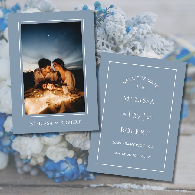 Modern Minimalist Dusty Blue Photo Wedding Invitation (Dusty Blue Simple Modern Photo Wedding Invitation)