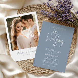 Modern Minimalist Dusty Blue Wedding Classic Photo Invitation