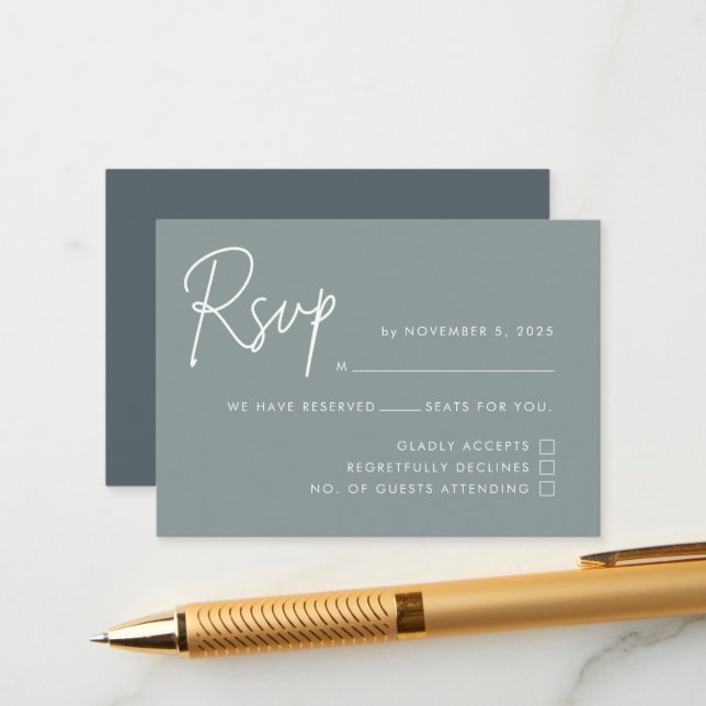 Modern Minimalist Dusty Blue Wedding RSVP Enclosure Card (Front/Back In Situ)