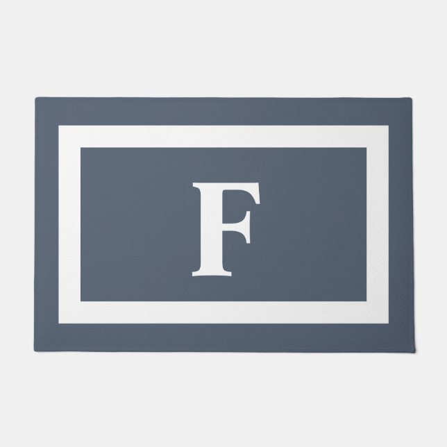 Modern Minimalist Dusty Blue White Monogram Doormat (Front)