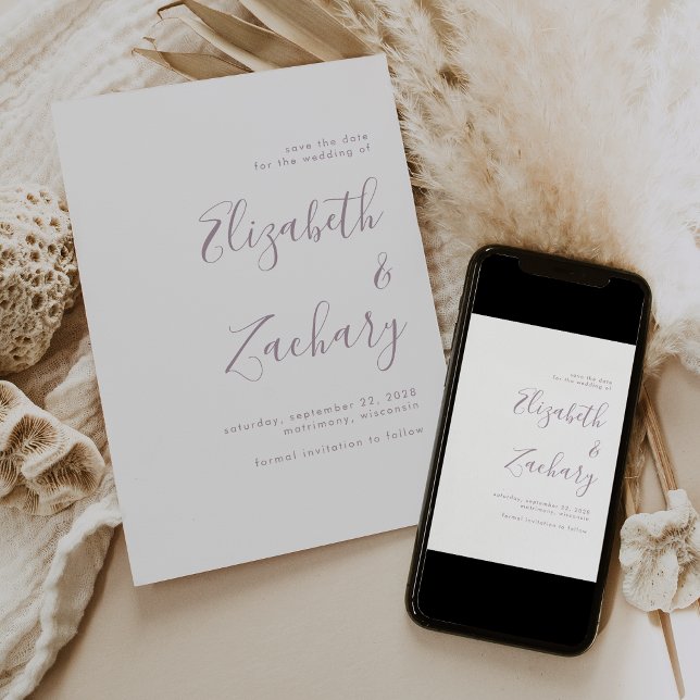 Modern Minimalist Dusty Lilac Script Save the Date Announcement (Creator Uploaded)