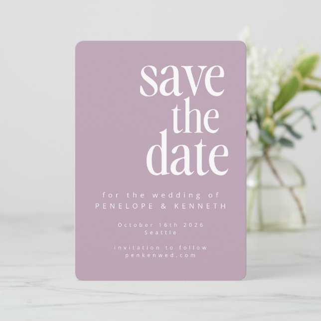 Modern Minimalist Dusty Lilac Simple Bold Wedding Save The Date (Standing Front)