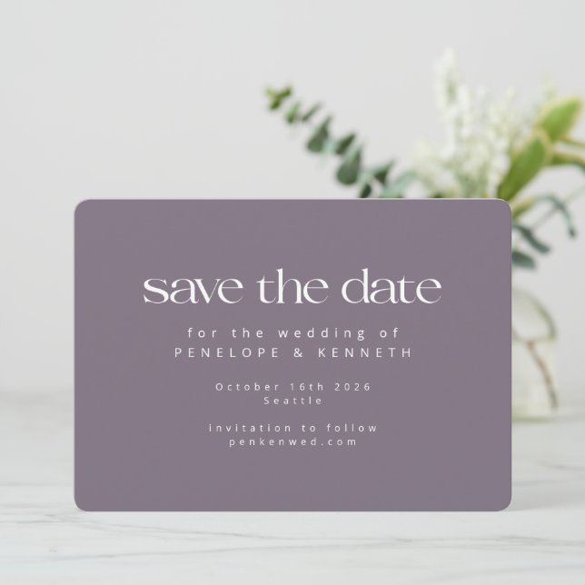 Modern Minimalist Dusty Purple Chic Simple Wedding Save The Date (Standing Front)