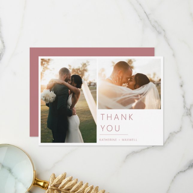Modern Minimalist Dusty Rose Wedding Photo Thank You Card (Front/Back In Situ)