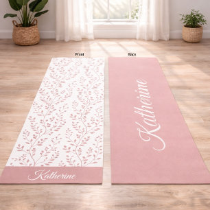 Modern Minimalist Dusty Rose White Floral Script Yoga Mat
