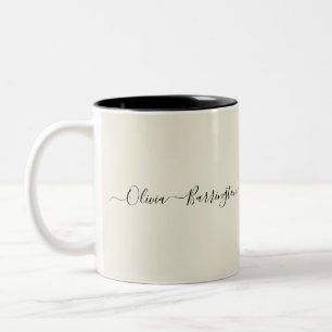 Modern Minimalist Ecru White Script Custom Name Two-Tone Coffee Mug