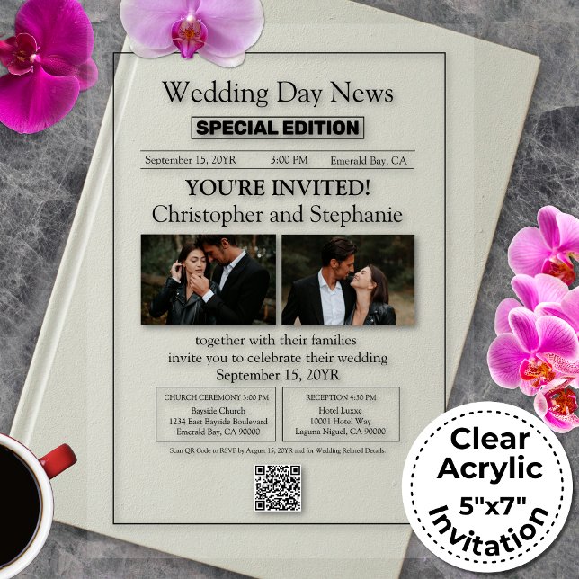 Modern Minimalist Editable Chic Newspaper Wedding Acrylic Invitations (Personalizable Unique Chic Modern Typography Wedding Invitation)