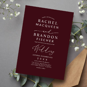 Modern Minimalist Elegant Burgundy White Wedding Invitation