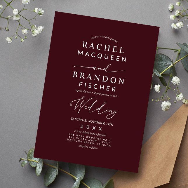 Modern Minimalist Elegant Burgundy White Wedding  Invitation (Creator Uploaded)