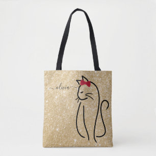Modern Minimalist Elegant Cat Add Name  Tote Bag