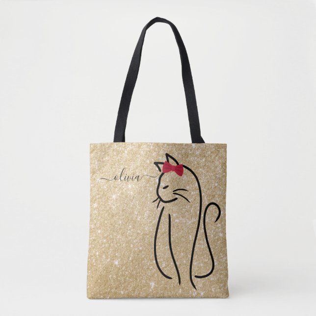 Modern Minimalist Elegant Cat Add Name  Tote Bag (Front)