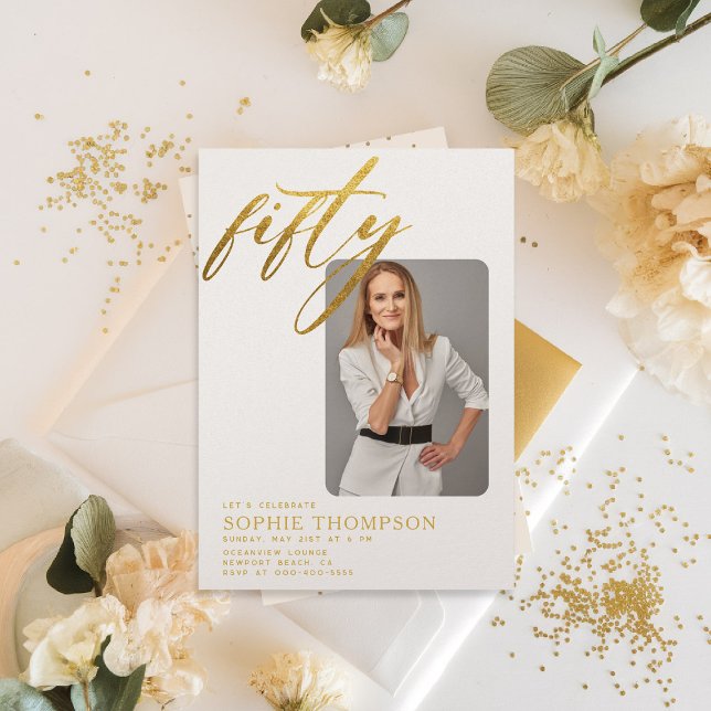 Modern Minimalist Elegant Chic 50th Birthday Photo Invitation (50th birthday for women white gold photo invitation modern minimalist calligraphy elegant classy)