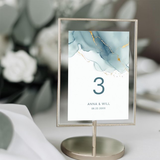 Modern Minimalist Elegant Dusty Blue Beach Wedding Table Number (dusty blue modern beach wedding table number elegant bohemian romantic gold waves summer boho chic)