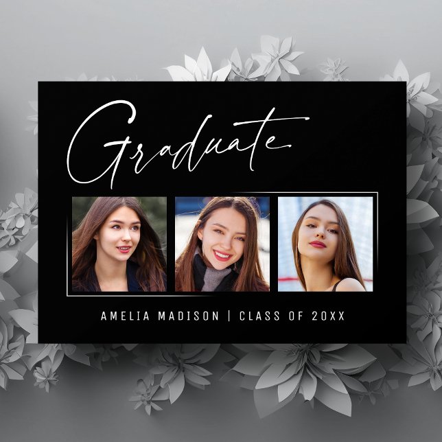 Modern Minimalist Elegant Ink Script 3 Photo Grad Announcement (Creator Uploaded)