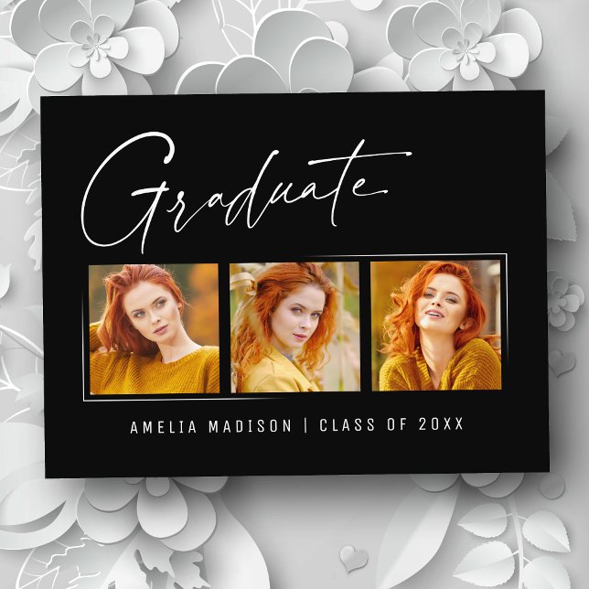 Modern Minimalist Elegant Ink Script 3 Photo Grad Postcard (Creator Uploaded)