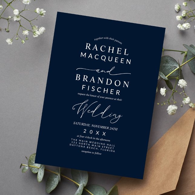 Modern Minimalist Elegant Navy Blue White Wedding  Invitation (Creator Uploaded)