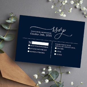 Modern Minimalist Elegant Navy Blue White Wedding  RSVP Card