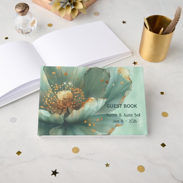 Modern Minimalist Emerald and Gold Wedding  Guest Book (Front Open)
