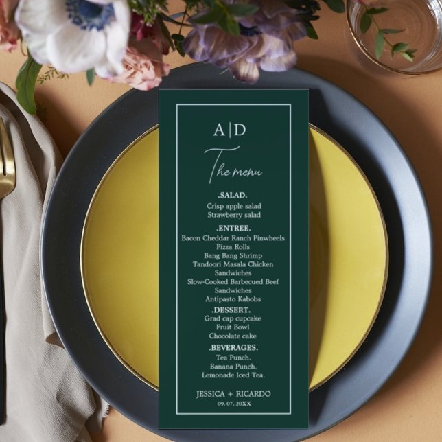 Modern Minimalist Emerald green monogram Wedding Menu (Creator Uploaded)