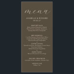 Modern Minimalist Espresso Brown Wedding Menu<br><div class="desc">An simple modern dinner menu card for your wedding reception features an espresso brown card with tan typography. Personalize with your names and wedding date. Would also be appropriate for an anniversary,  birthday or elegant dinner party.</div>