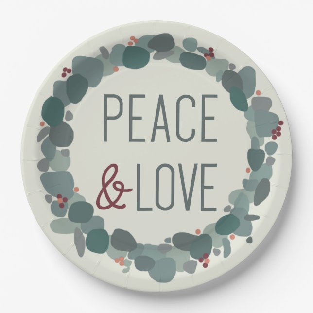 Modern minimalist eucalyptus Peace & Love wreath Paper Plate (Front)