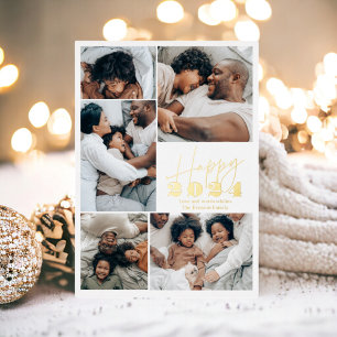 Modern minimalist family 6 photos Happy 2024 Foil Holiday Card