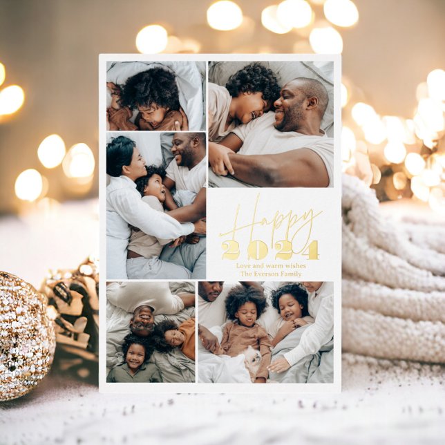 Modern minimalist family 6 photos Happy 2024 Foil Holiday Card (Modern minimalist family 6 photos Happy 2024 Foil Holiday Card)
