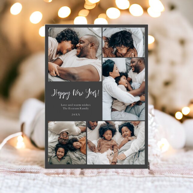 Modern minimalist family 6 photos Happy New Year Foil Holiday Card (Modern minimalist family 6 photos Happy New Year Holiday Card real silver foil)