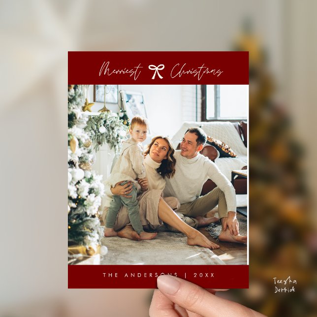 Modern Minimalist Family Photo, Burgundy Bow theme Postcard (Modern Minimalist Family Photo, Burgundy red wine Bow theme Postcard)