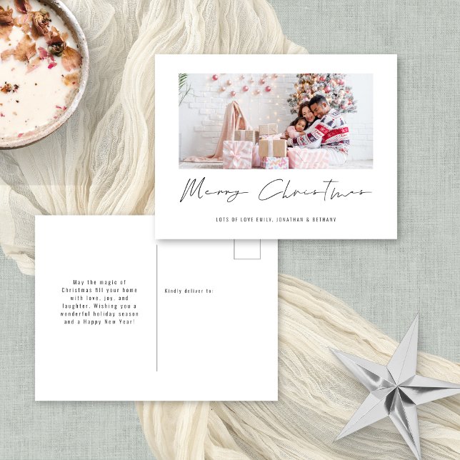Modern Minimalist Family Photo Merry Christmas Holiday Postcard (Frotn and back view. Convenient postcard alternative)