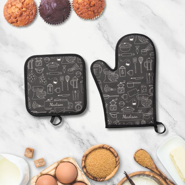 Modern Minimalist Farmhouse Kitchen Utensils Oven Mitt & Pot Holder Set (In situ)