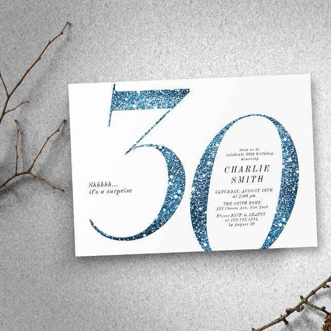 Modern minimalist faux blue glitter 30th birthday invitation (Modern minimalist faux blue glitter 30th birthday invitation)