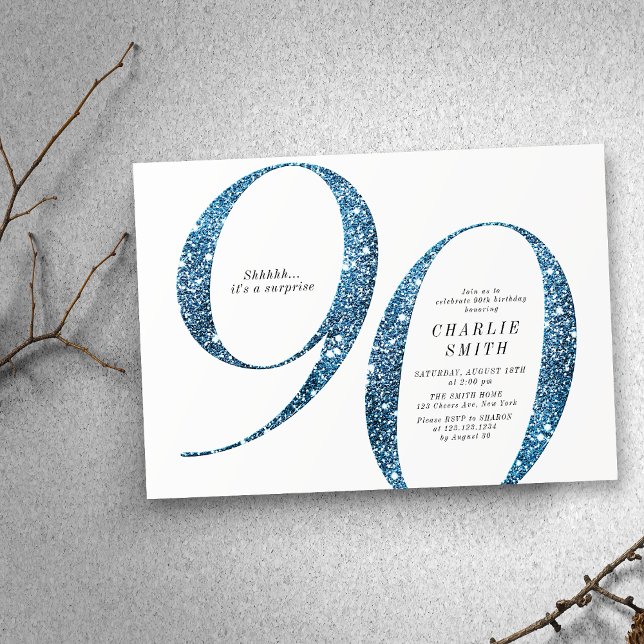Modern minimalist faux blue glitter 90th birthday invitation (Modern minimalist faux blue glitter 90th birthday invitation)