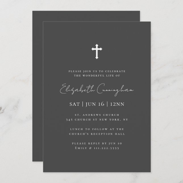 Modern Minimalist Faux Gold Cross Memorial Funeral Invitation (Front/Back)