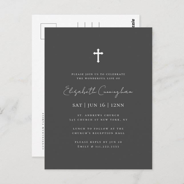 Modern Minimalist Faux Gold Cross Memorial Funeral Postcard (Front/Back)