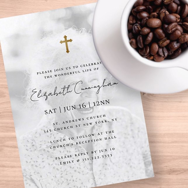 Modern Minimalist Faux Gold Cross Photo Memorial Invitation (Creator Uploaded)