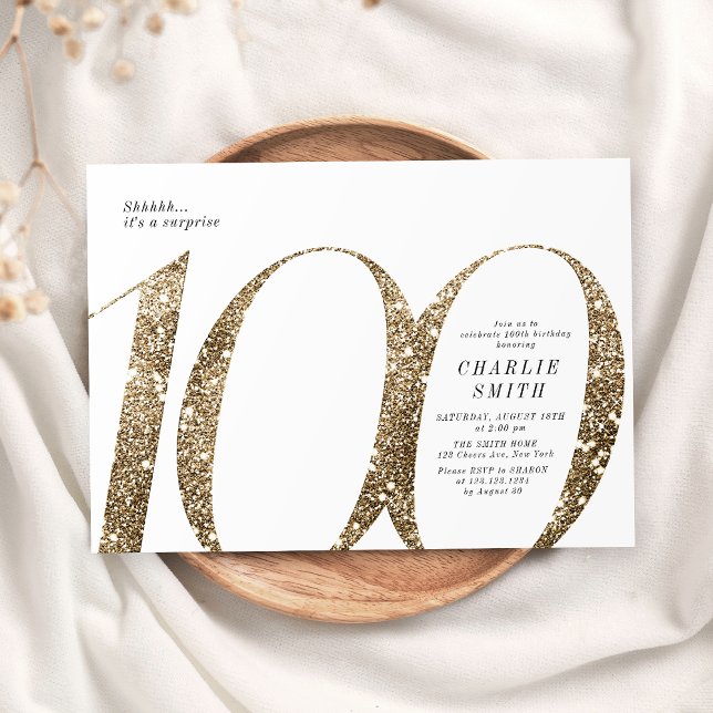 Modern minimalist faux gold glitter 100th birthday invitation (Modern minimalist faux gold glitter 100th birthday invitation)