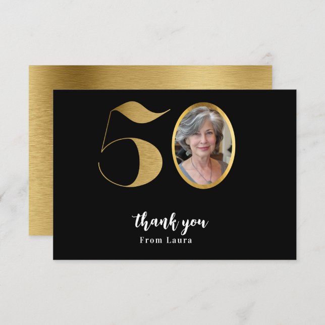 Modern minimalist faux gold glitter 50th birthday thank you card (Front/Back)