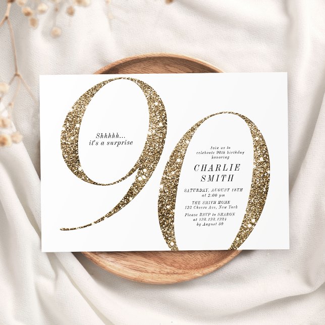 Modern minimalist faux gold glitter 90th birthday invitation (Modern minimalist faux gold glitter 90th birthday invitation)
