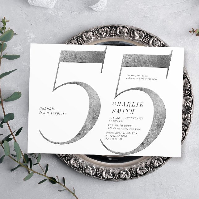 Modern minimalist faux silver 55th birthday invitation (Modern minimalist faux silver 55th birthday invitation)