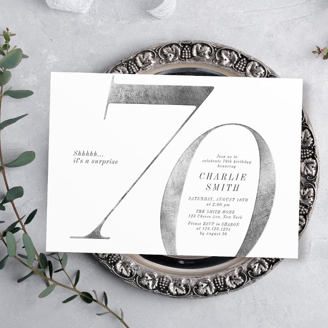 Modern minimalist faux silver 70th birthday invitation (Modern minimalist faux silver 70th birthday invitation)