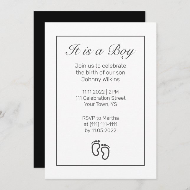 Modern Minimalist Feet Baby Boy Birth Celebration Invitation (Front/Back)