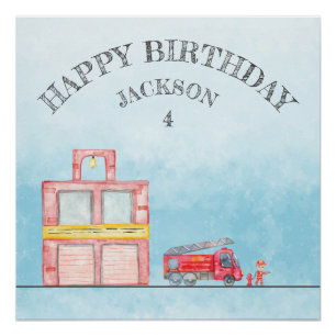 Modern Minimalist Fireman birthday Party Poster