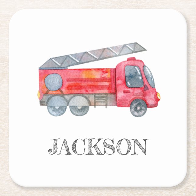 Modern Minimalist Fireman birthday Party Square Paper Coaster (Front)