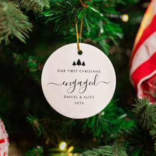 Modern Minimalist First Engaged Christmas Ceramic Ornament