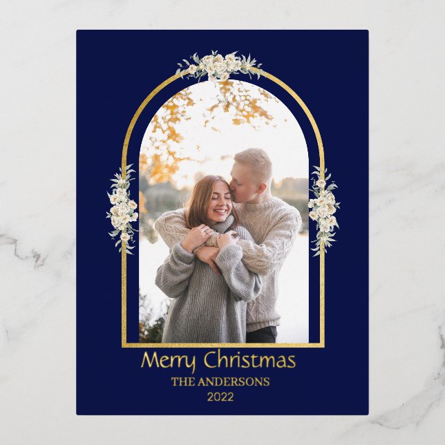 Modern Minimalist Floral Arch Photo Royal Blue Foil Holiday Postcard (Front)