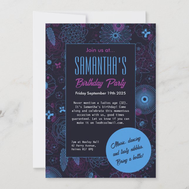 Modern Minimalist Floral Blue & Purple Pattern  Invitation (Front)