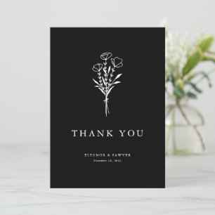 Modern Minimalist Floral Bouquet Black Wedding Thank You Card