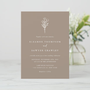 Modern Minimalist Floral Bouquet Taupe Wedding Invitation