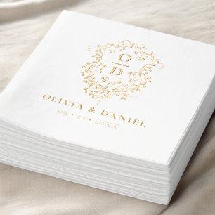 Modern Minimalist Floral Crest Monogram Wedding Foil Napkins